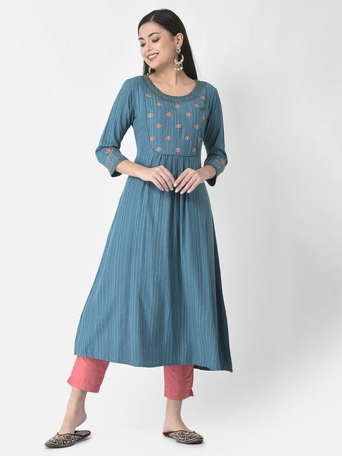 span blue printed a line kurta