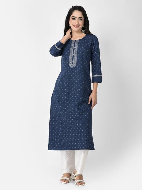 span blue printed straight kurta