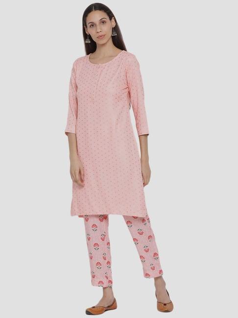 span blush pink cotton floral print kurta pant set