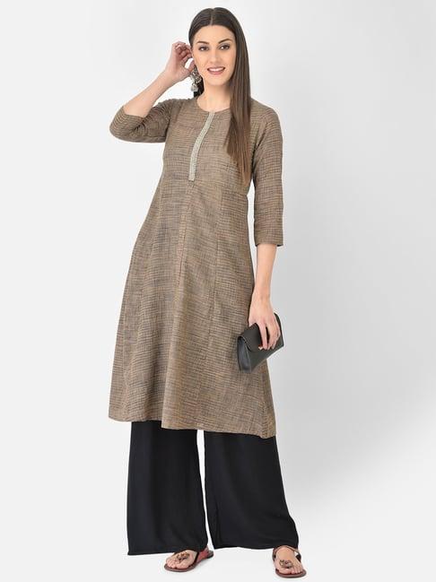 span brown cotton embroidered a line kurta