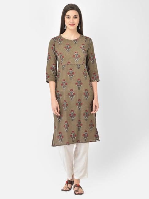 span brown cotton printed straight kurta