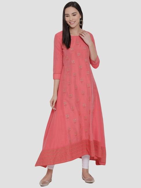 span coral embroidered high low kurta