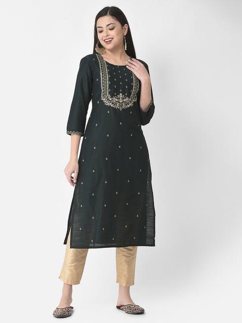 span dark green embroidered straight kurta