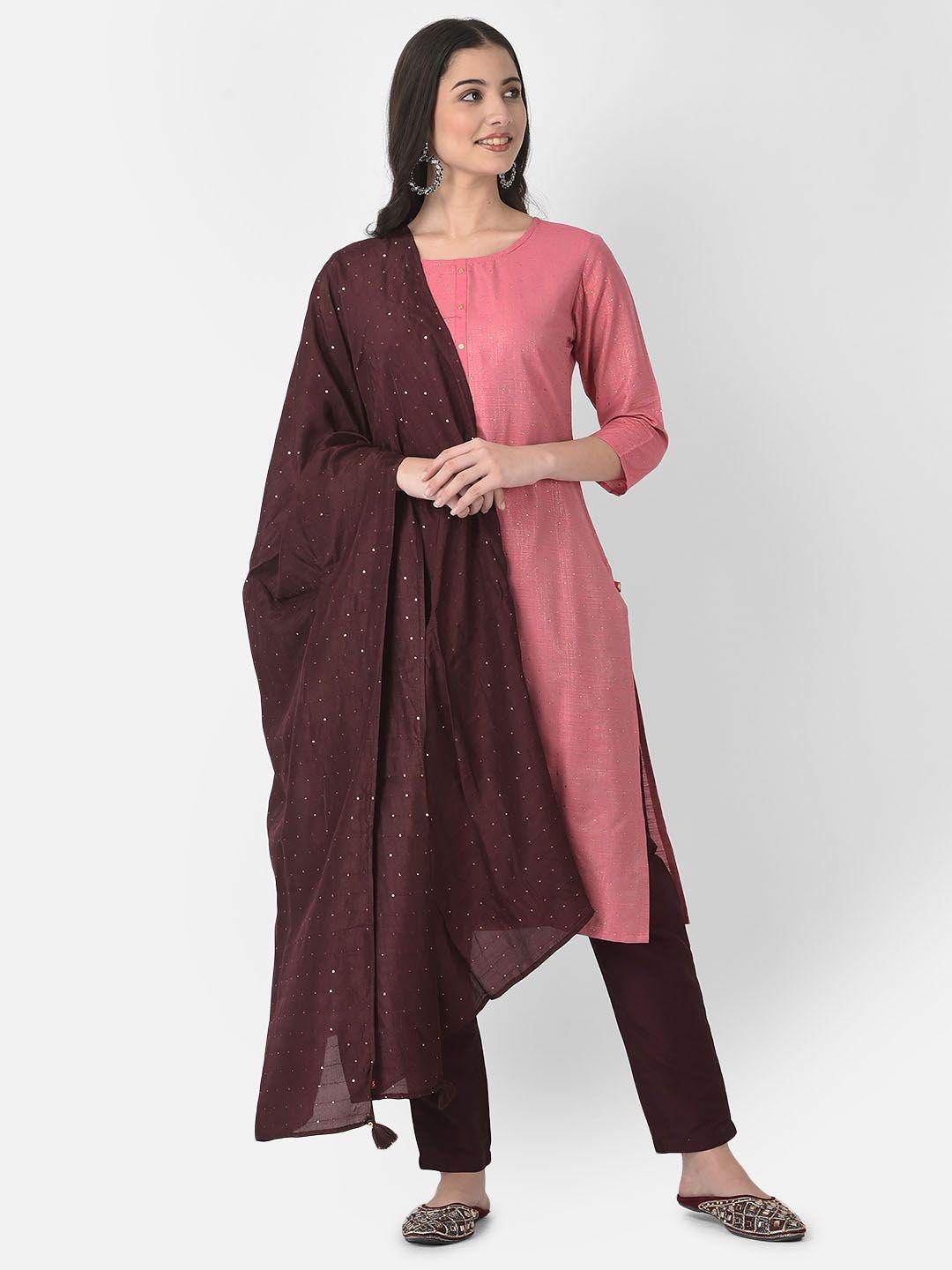 span embroidered round neck regular silk straight kurta