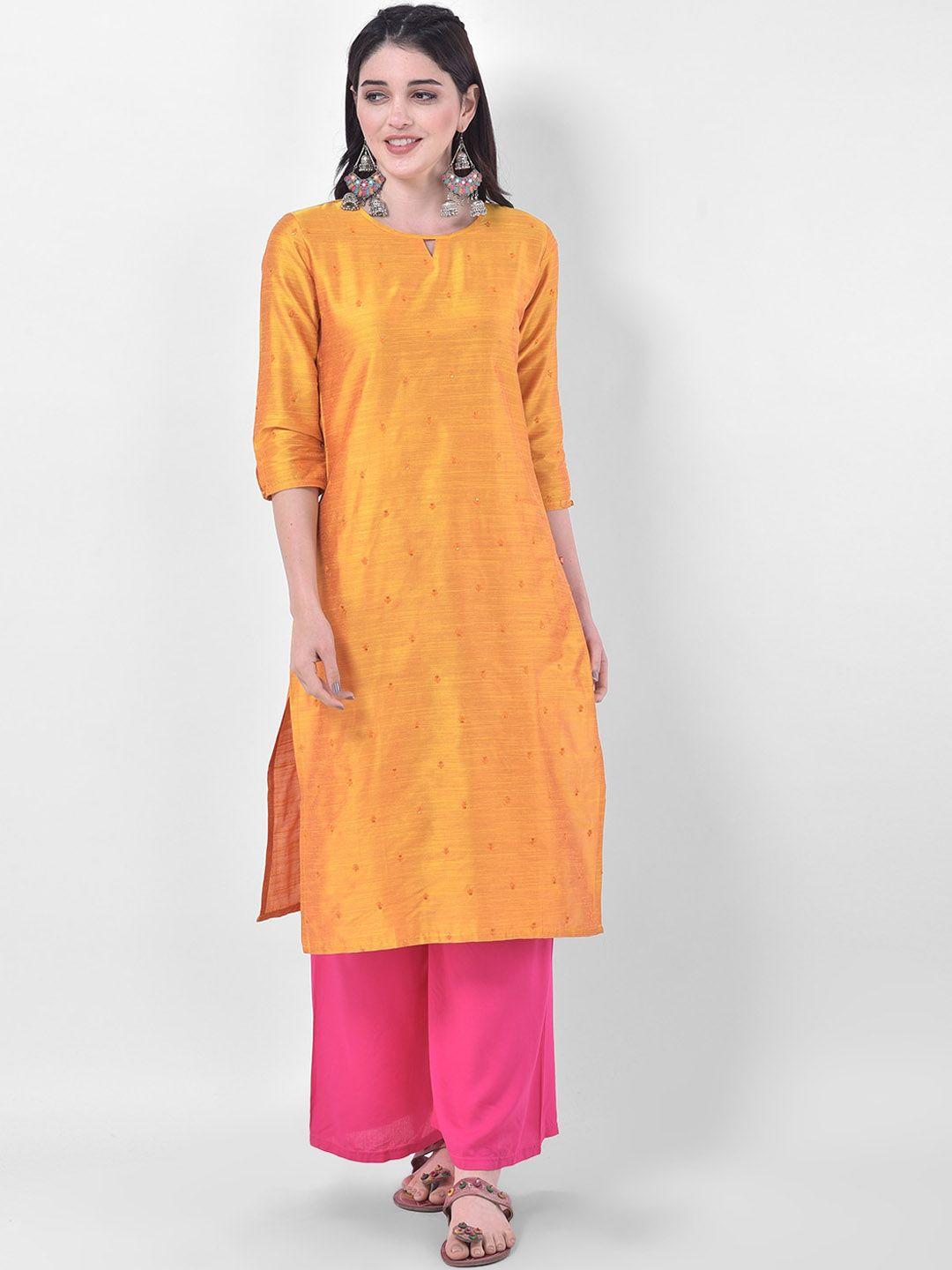 span ethnic motifs embroidered keyhole neck silk cotton kurta