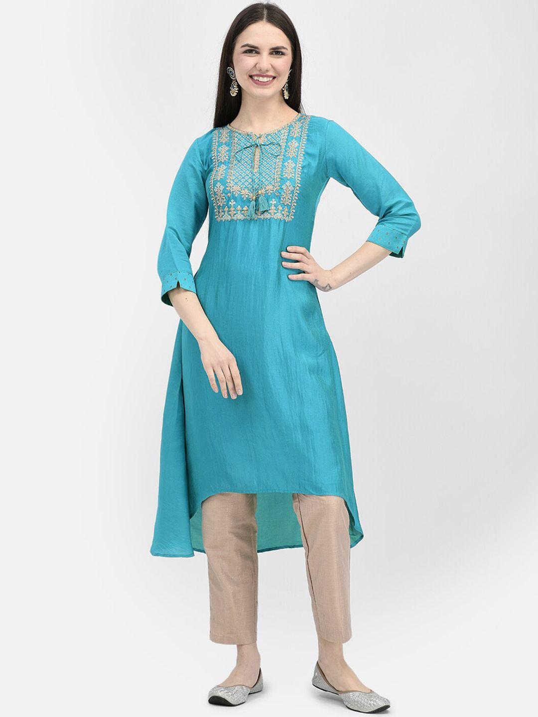 span ethnic motifs embroidered tie-up neck high-low a-line kurta