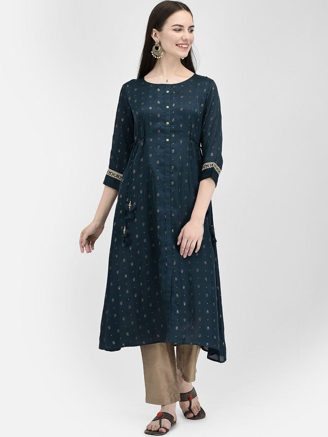 span ethnic motifs printed calf length a-line kurta