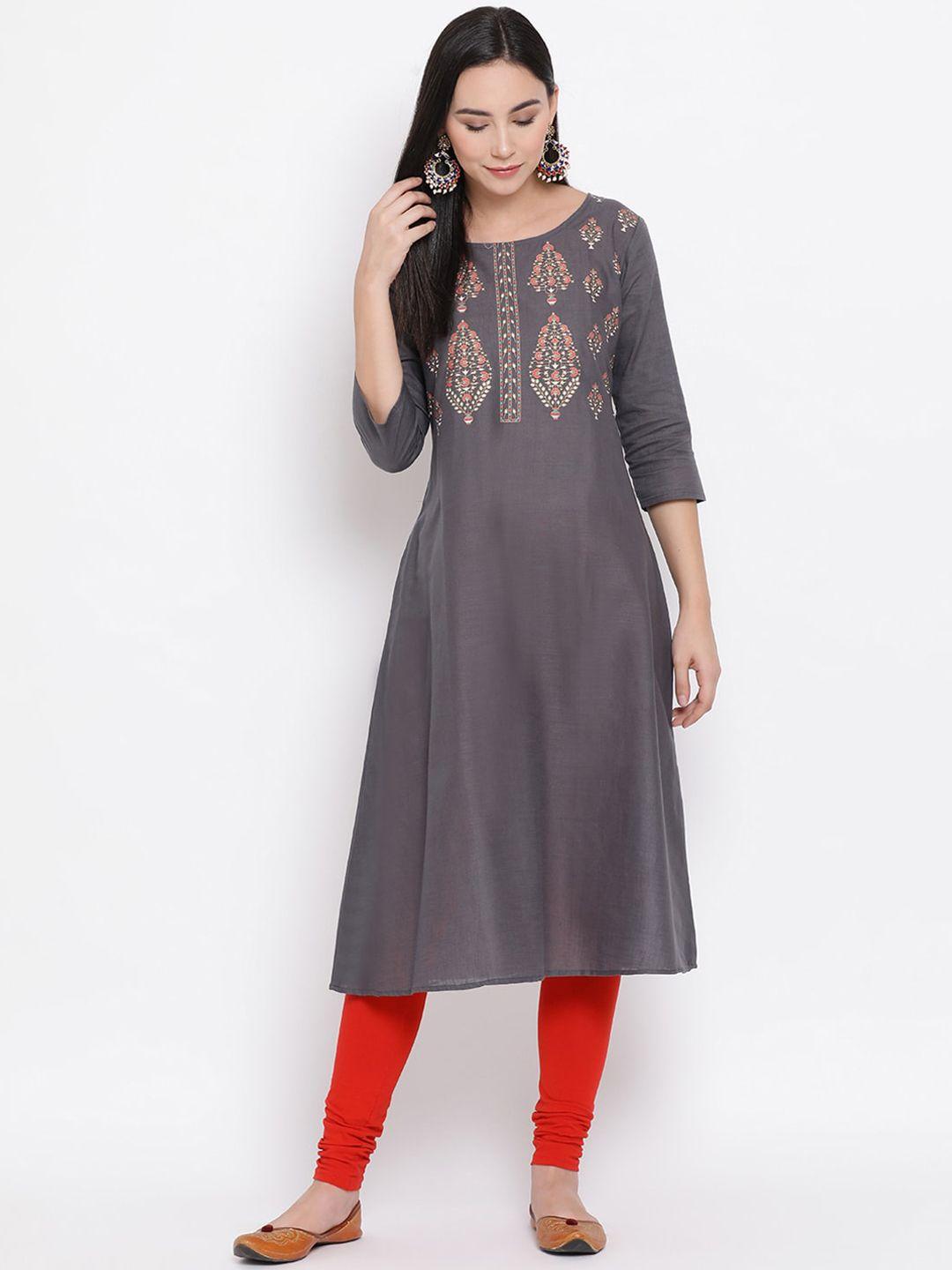 span ethnic motifs printed round neck a-line cotton kurta