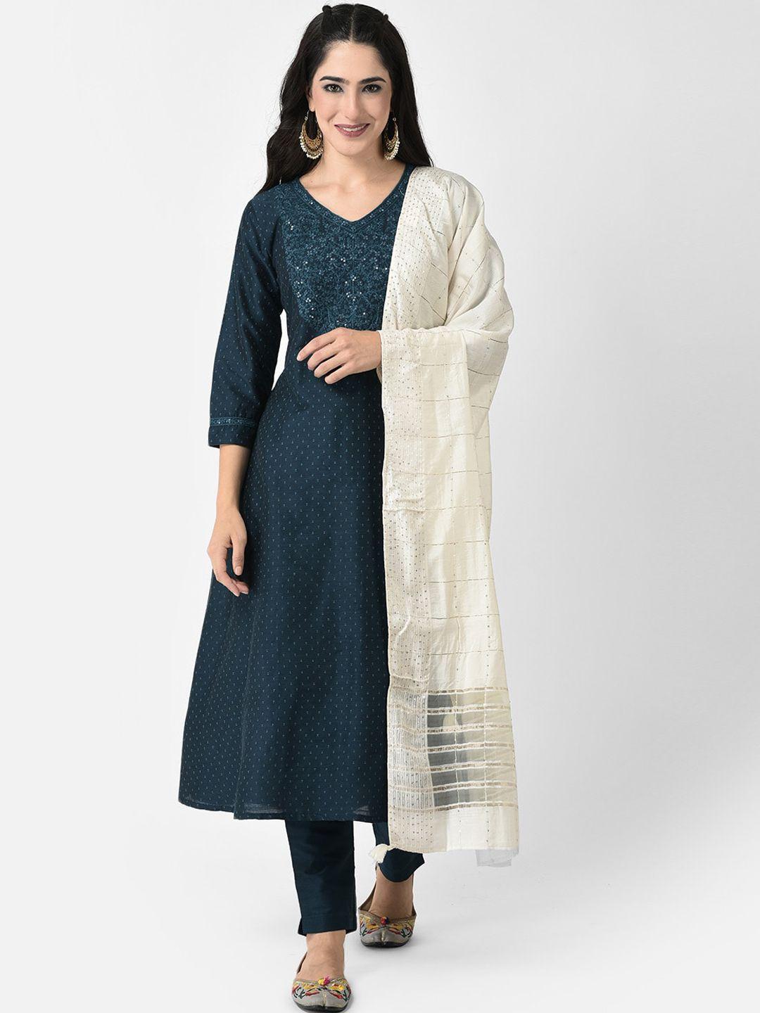 span floral embroidered v-neck sequinned silk a-line kurta