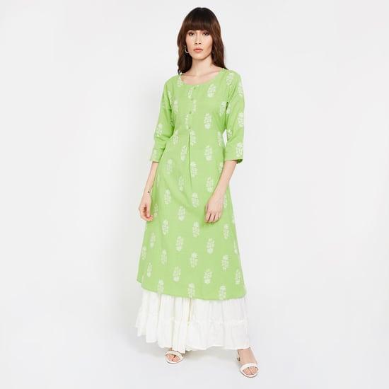 span floral print a-line kurta with button placket