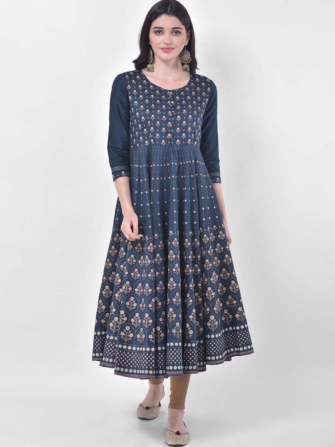 span floral printed round neck silk cotton anarkali kurta