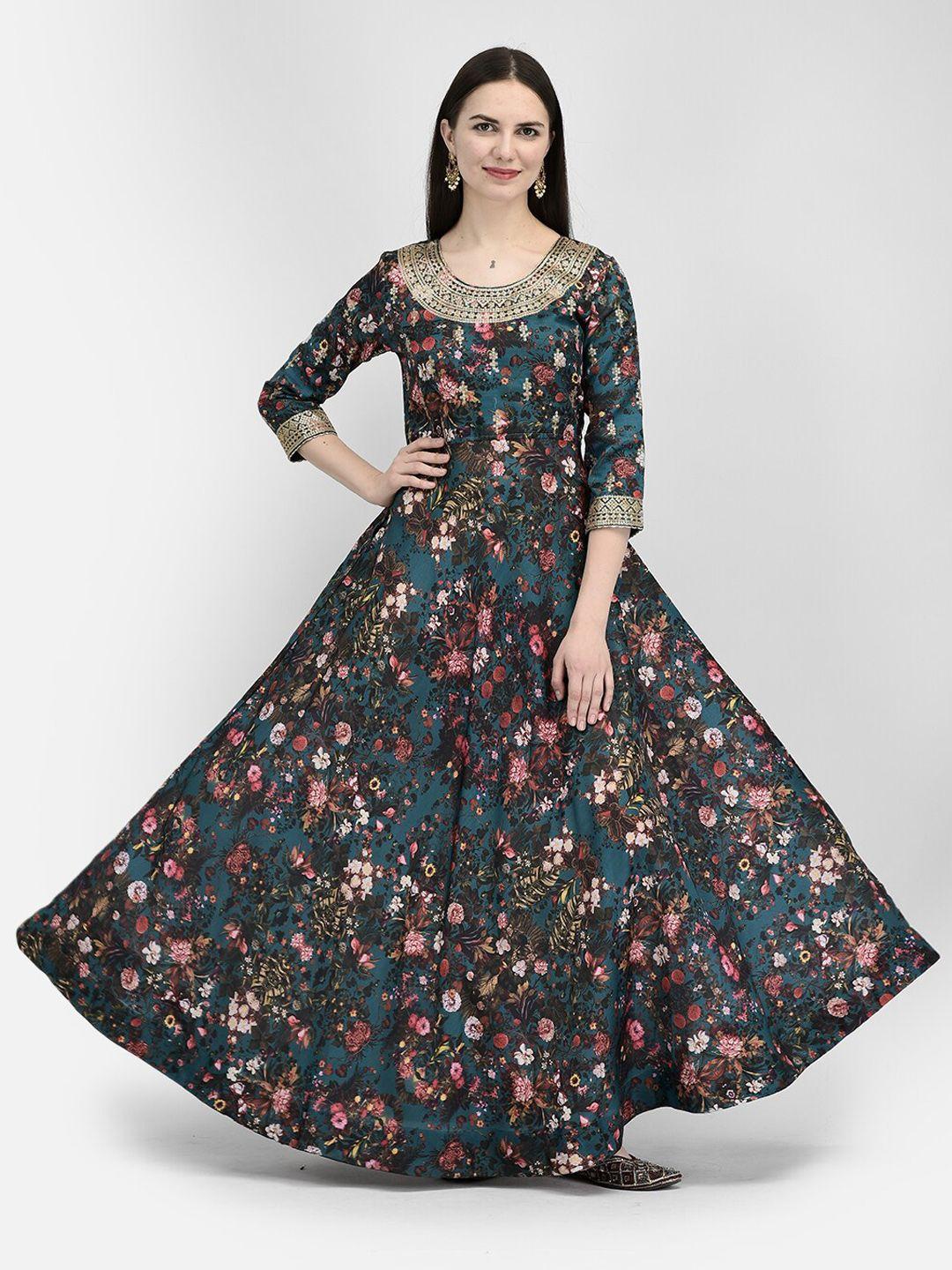 span floral printed sequinned fit and flare ethnic dress