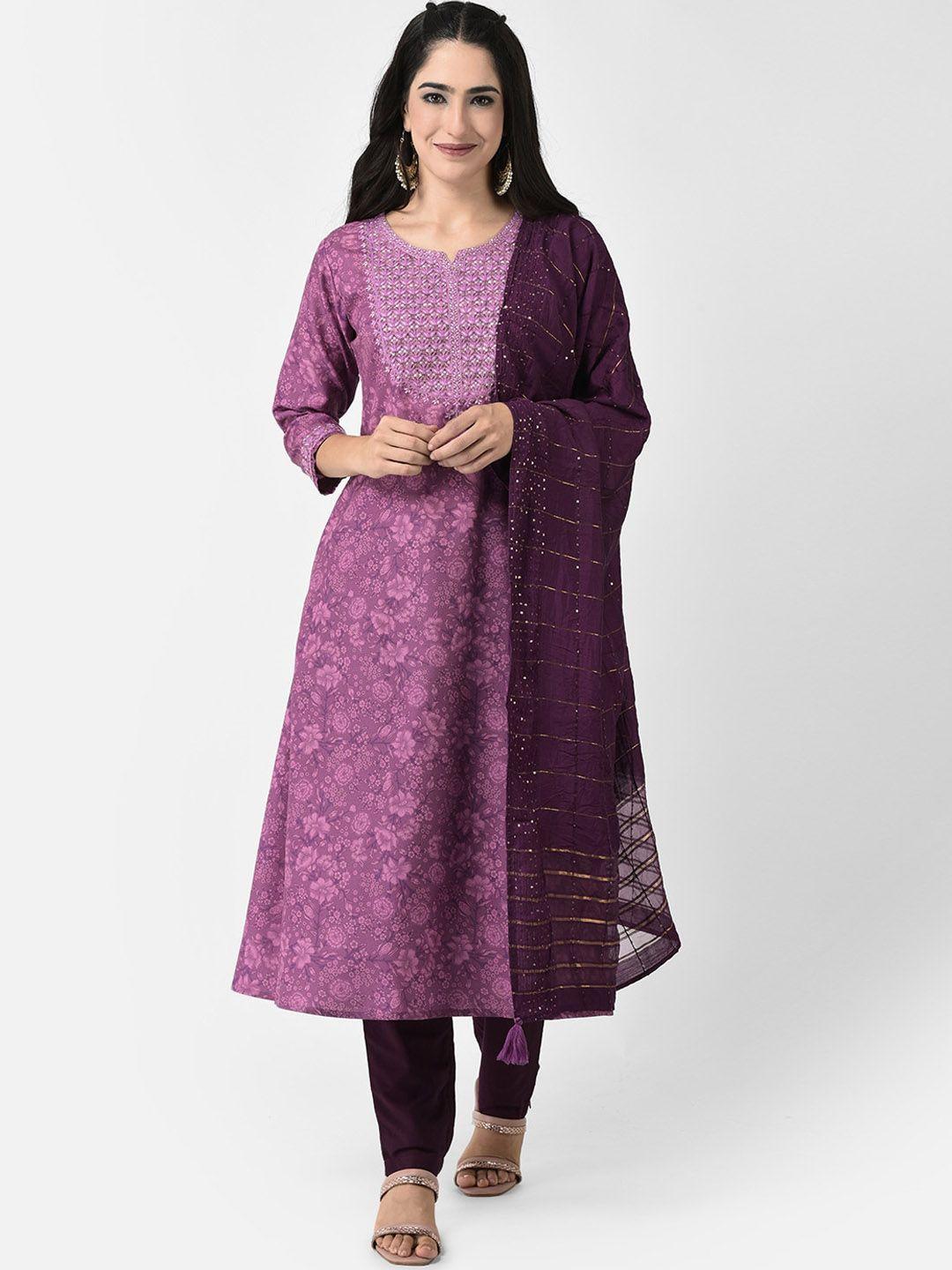 span floral printed thread work detailed cotton a-line kurta