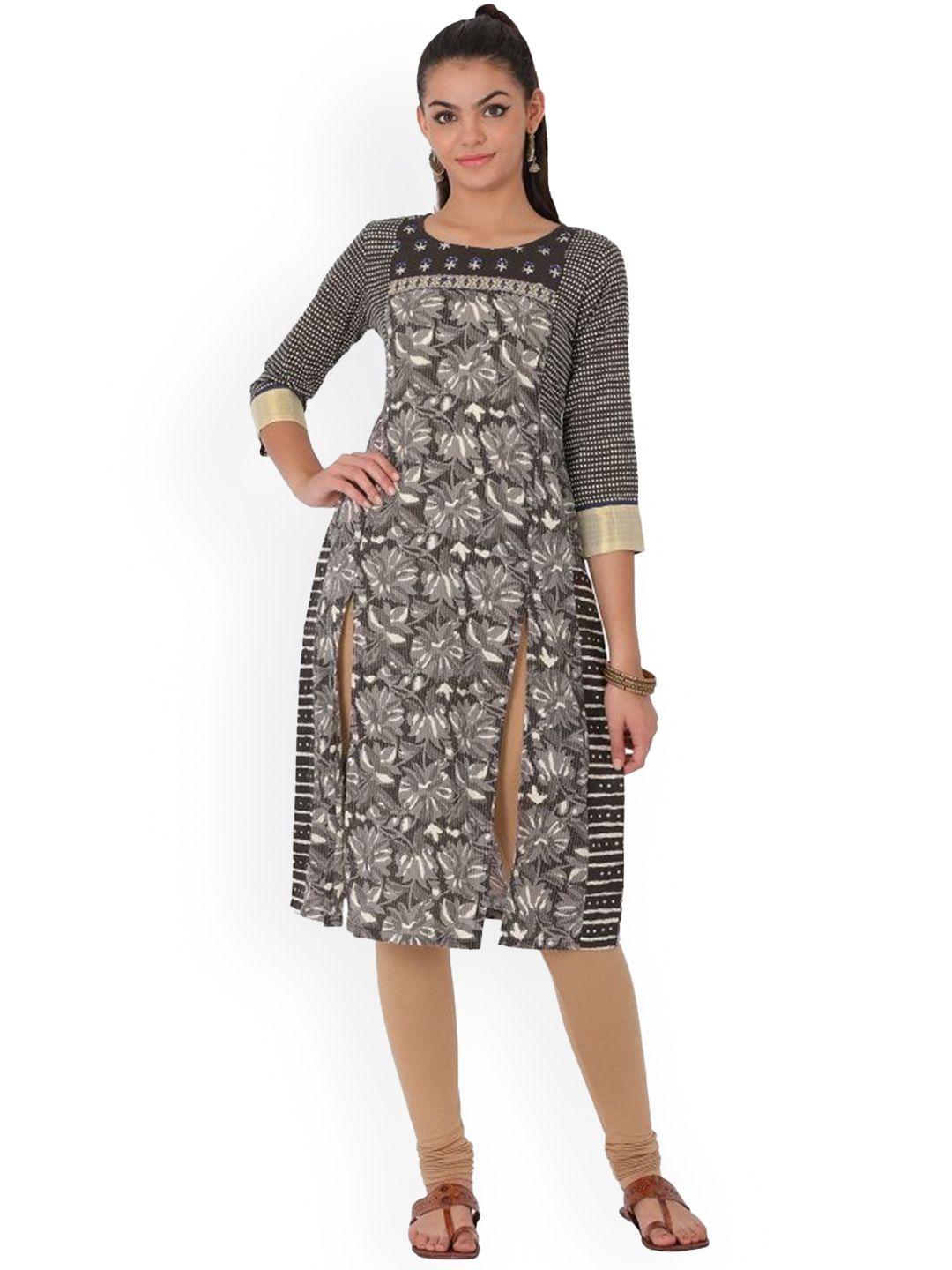 span floral printed thread work multiple slits pure cotton a-line kurta