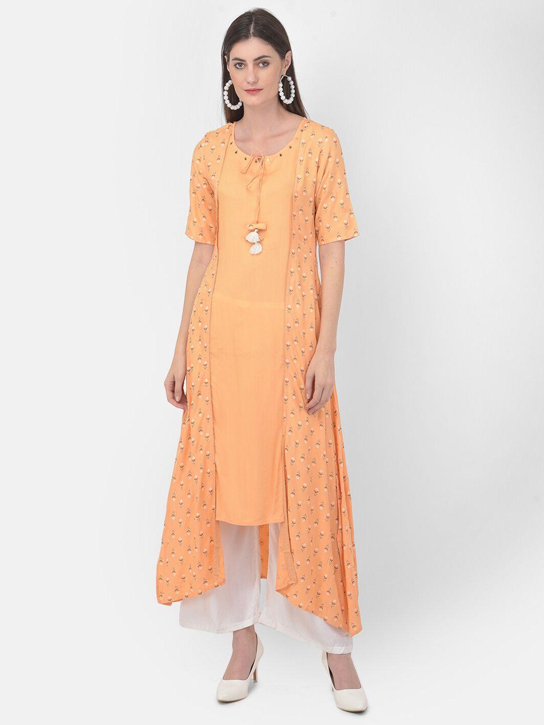 span floral printed tie-up neck panelled asymmetric cotton a-line kurta