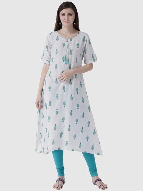 span green & white cotton printed straight kurta