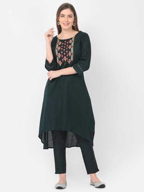 span green cotton embroidered a line kurti