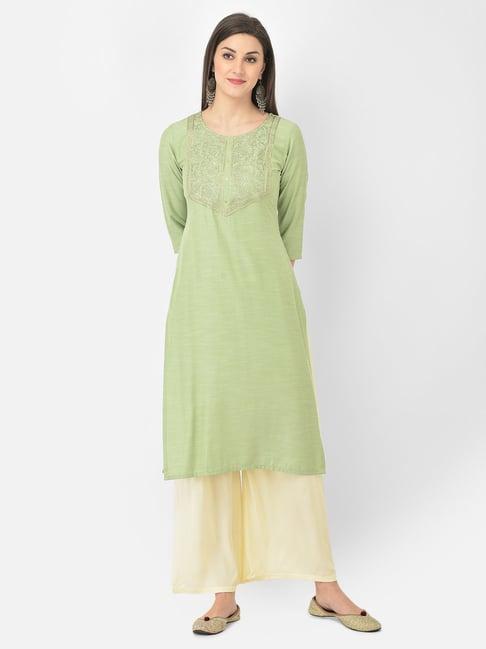 span green cotton embroidered straight kurta