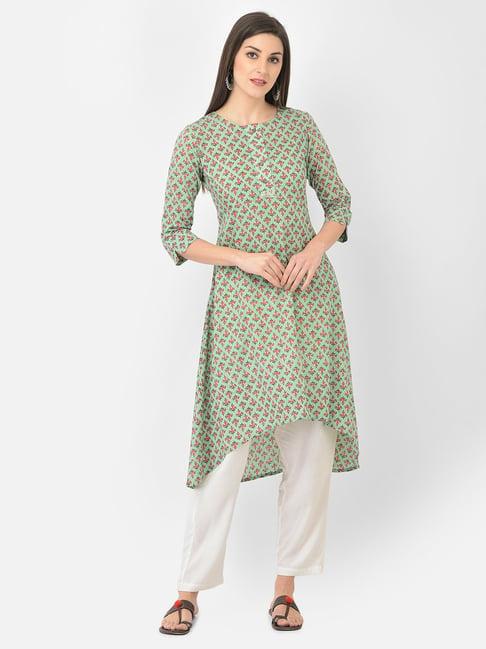 span green cotton printed a line kurta