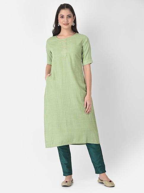 span green embroidered straight kurta