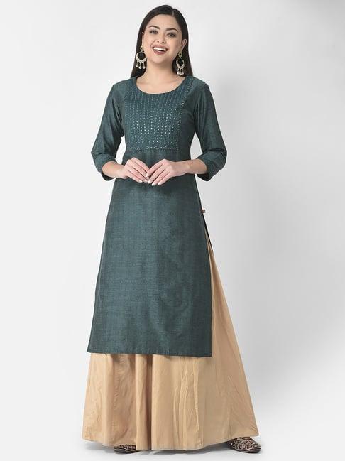 span green embroidered straight kurta