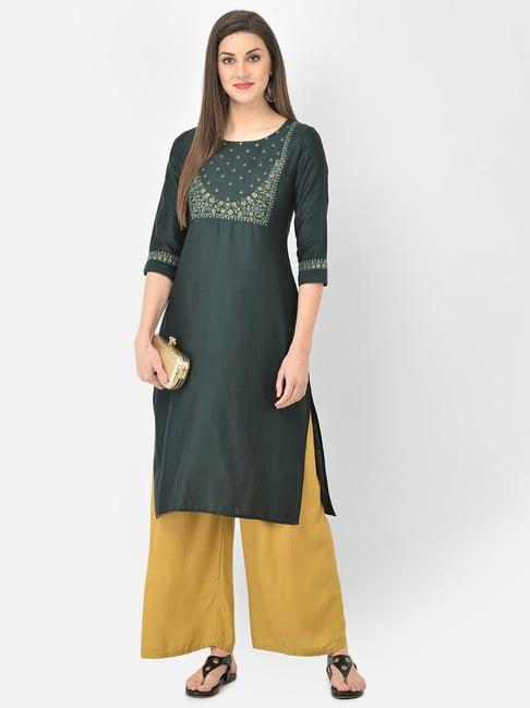 span green embroidered straight kurta