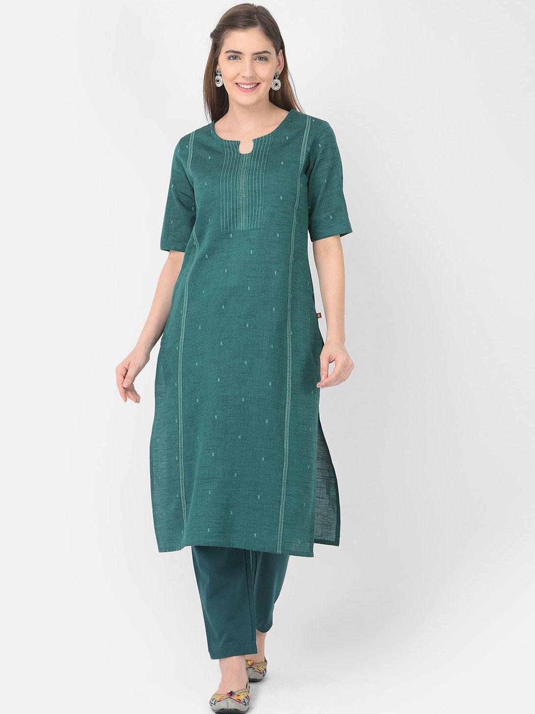 span keyhole neck short sleeves thread work cotton straight kurta