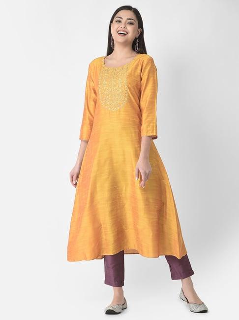 span mustard embroidered a line kurta