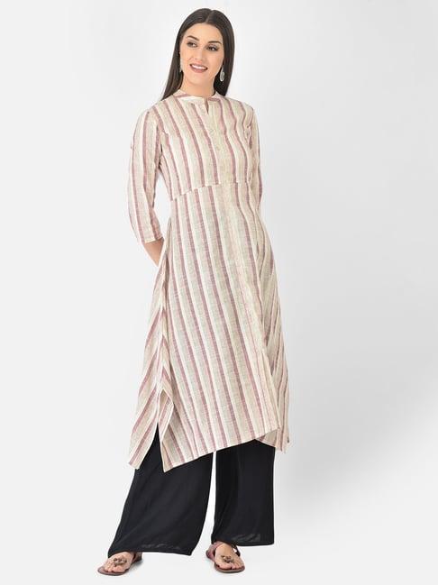 span off-white cotton striped a line kurta