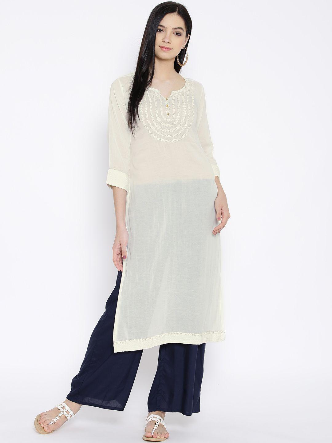 span off-white printed detail semi-sheer kurta