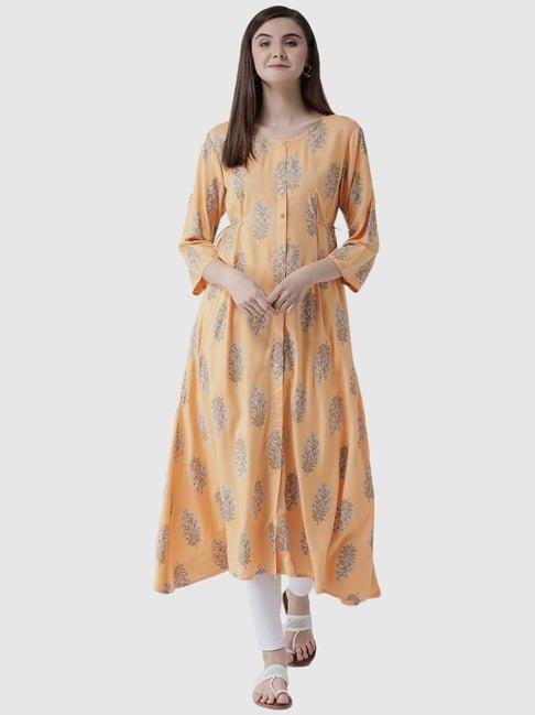 span orange floral print a line kurta