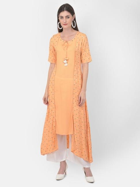 span peach cotton embellished a line kurta