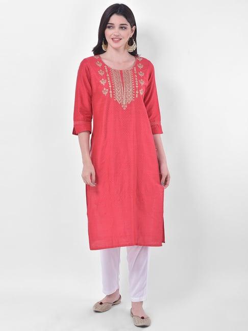 span peach embellished straight kurta