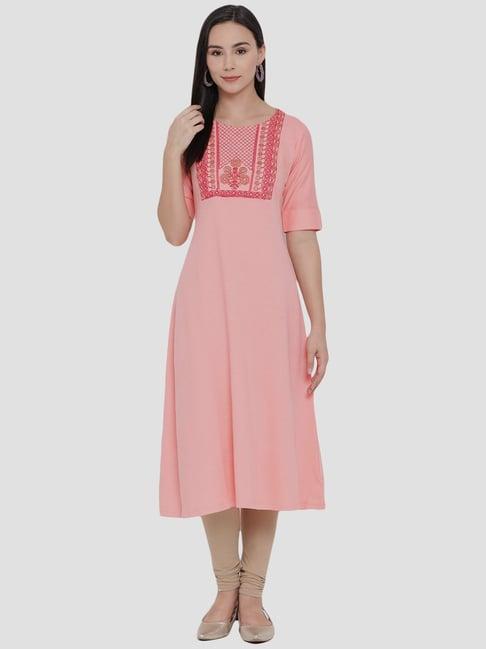 span pink cotton embroidered a line kurta