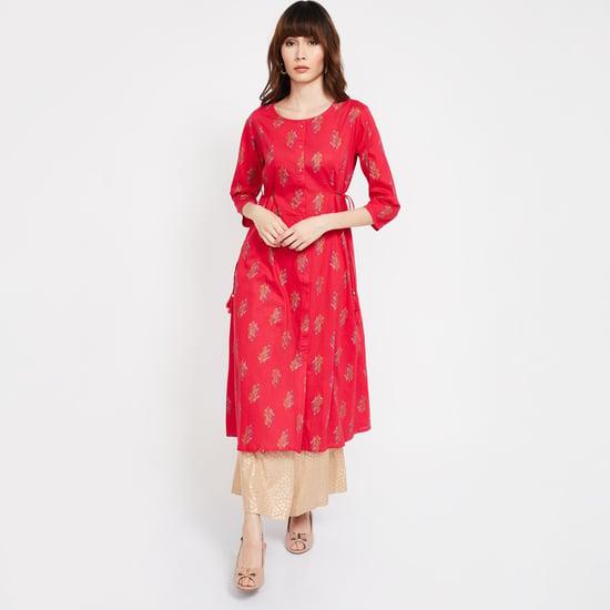 span printed a-line kurta with tie-up