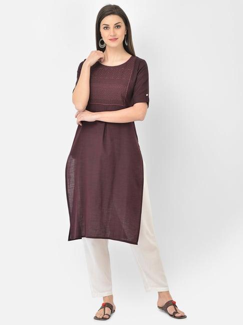 span purple cotton embroidered a line kurta