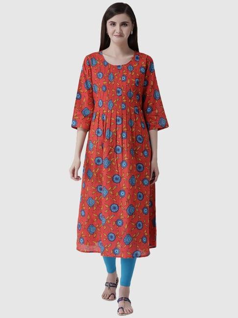 span red cotton floral a line kurta