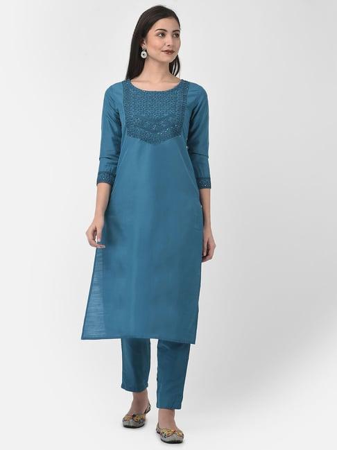 span steel blue embroidered straight kurta