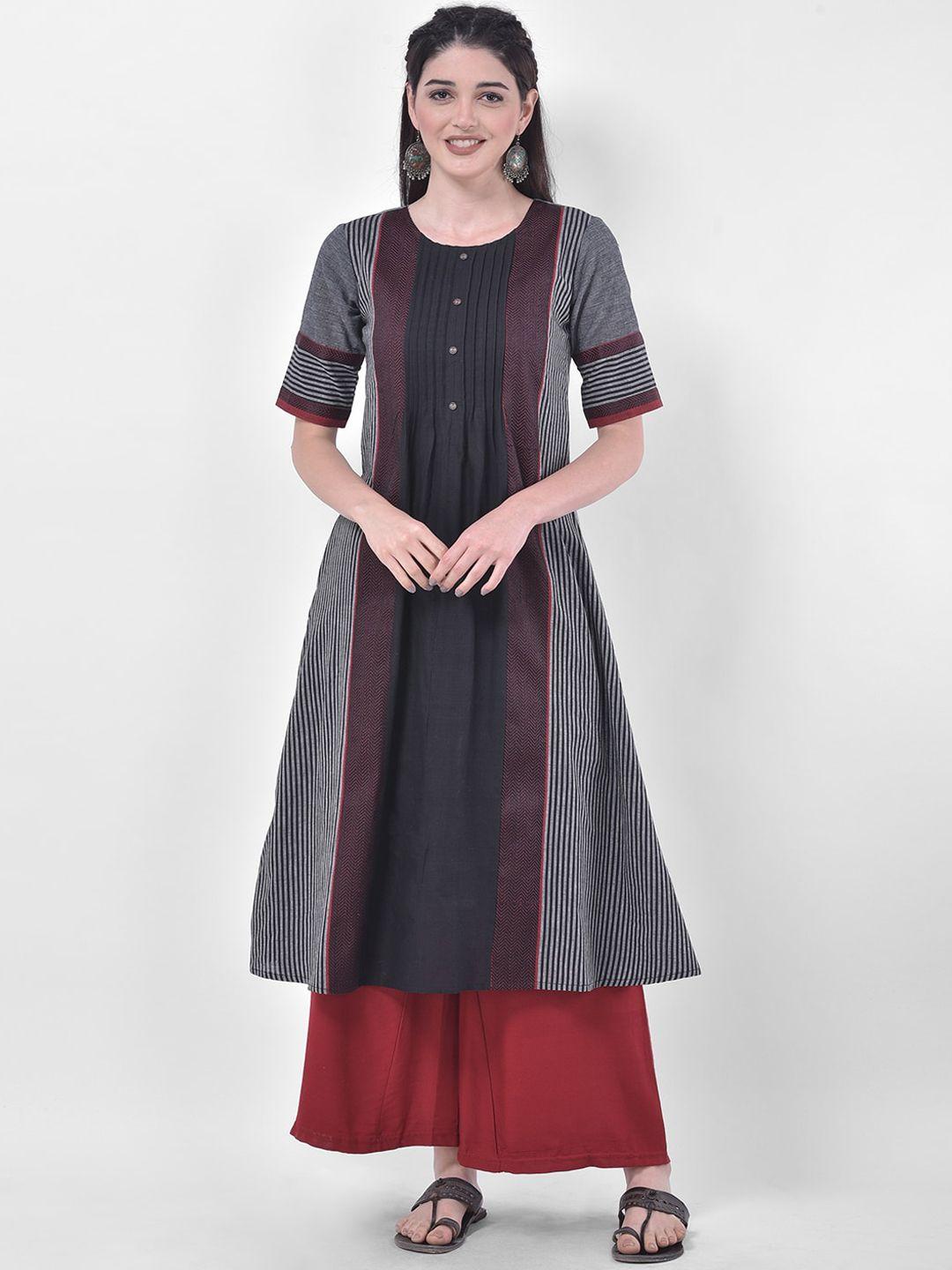 span striped printed pleated a-line cotton kurta