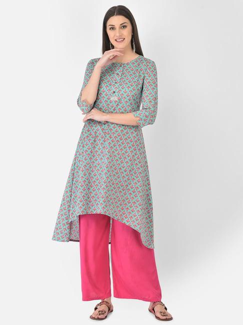 span turquoise cotton printed a line kurta