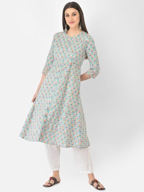 span turquoise cotton printed a line kurta