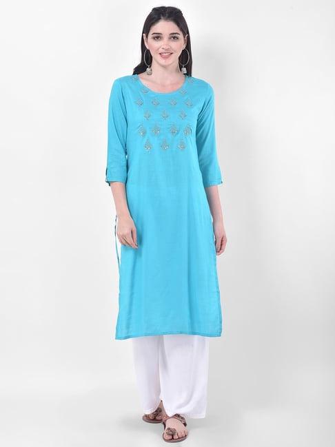 span turquoise embellished straight kurta