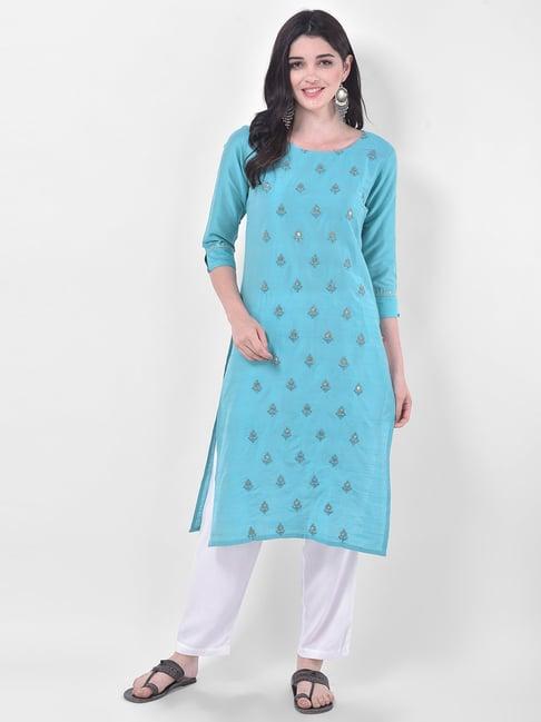 span turquoise embellished straight kurta