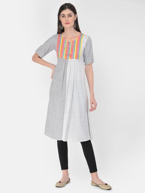 span white & grey cotton printed a line kurta