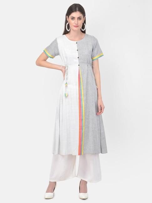 span white & grey cotton printed a line kurta