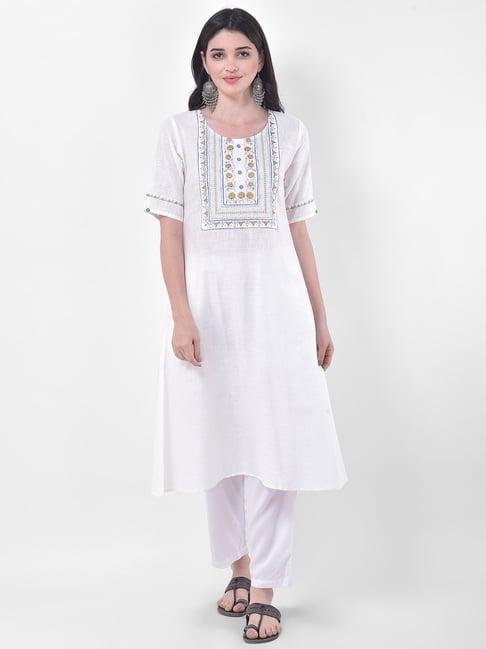 span white cotton embroidered a line kurta