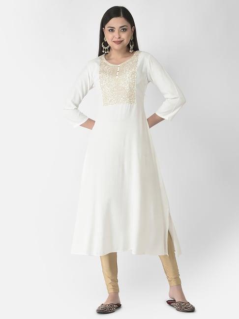 span white embroidered a line kurta