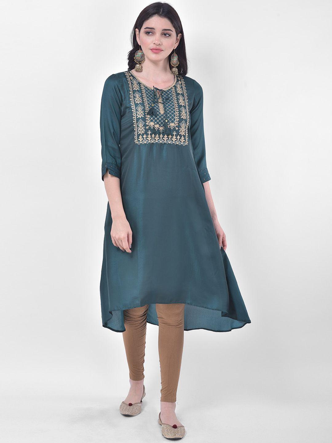 span woman green yoke design keyhole neck thread work kurta