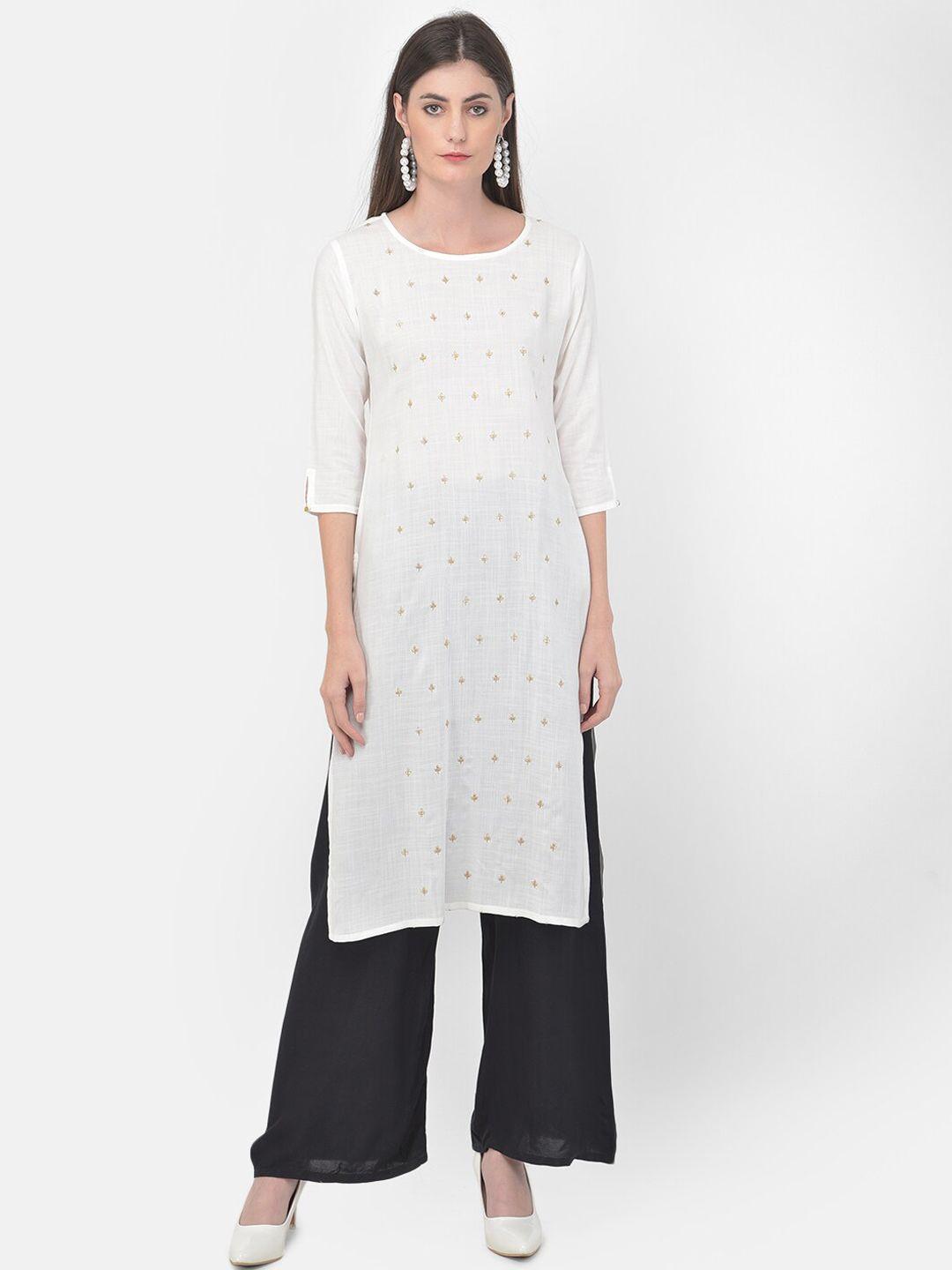 span woman white embroidered ethnic motifs kurta