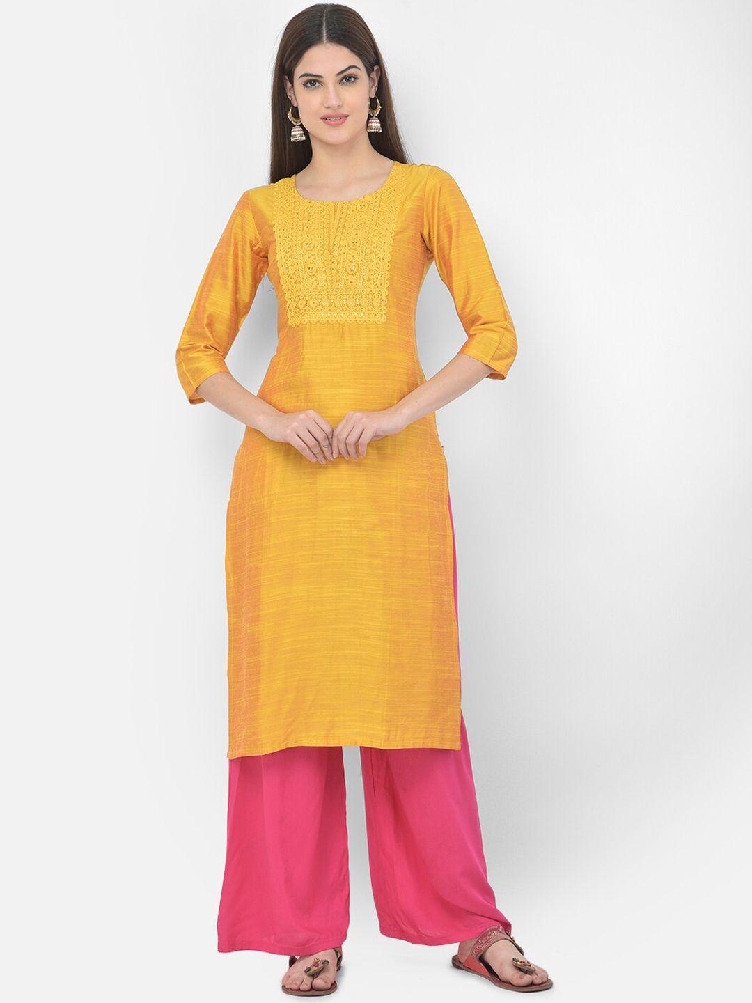 span woman yellow embroidered kurta